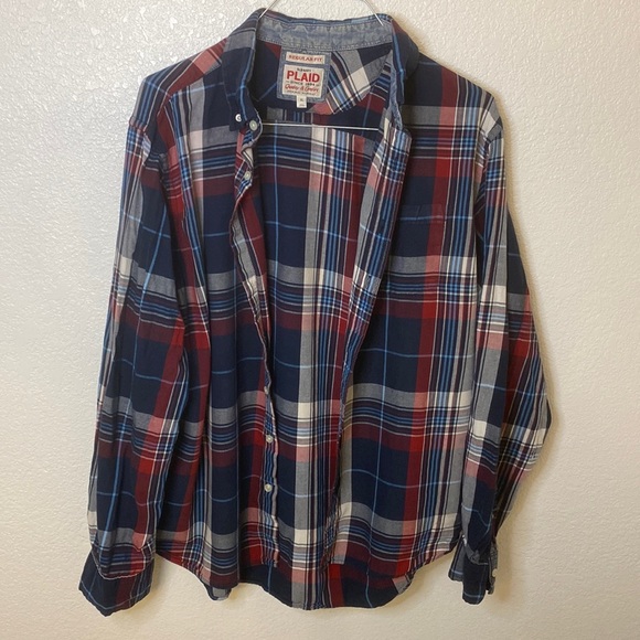 XL Old navy red, white and blue button up flannel dress shirt. - Picture 1 of 3